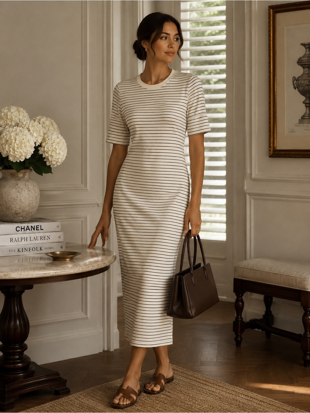 Theory Cream and Black Striped Short-Sleeve Midi Dress